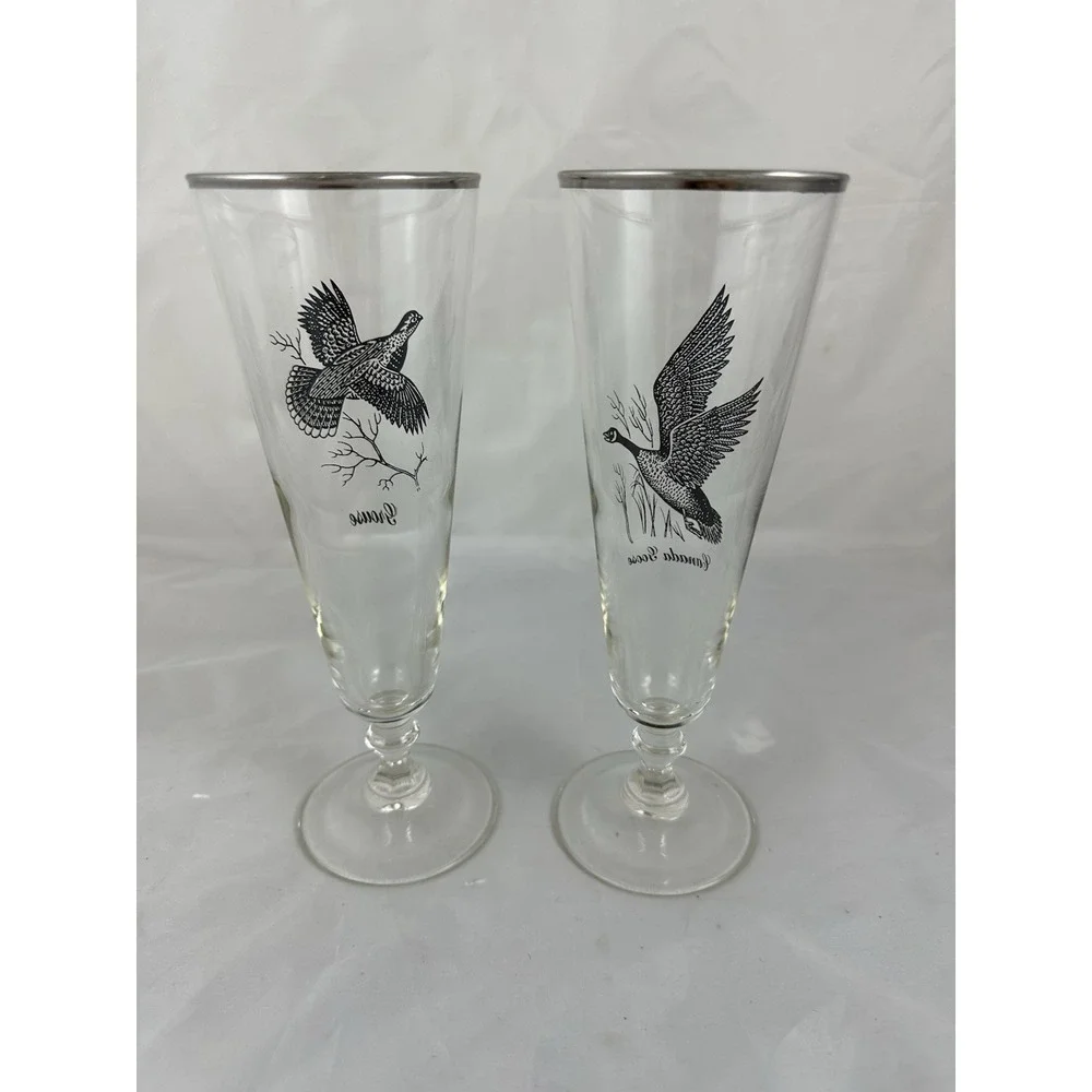 Federal Silver Rim Pilsner Glasses 12 oz Grouse Canada Goose Vtg 60s Sportsman